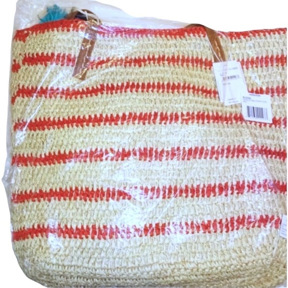 Straw Studios Stripe Pool Tote Beach Bag Colorful PomPoms Tassels Colorful NWT - Picture 6 of 7